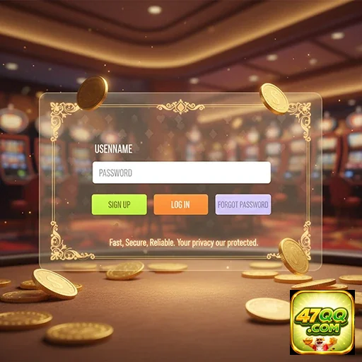 Tela de login do 47qq com moedas ao redor, ilustrando acesso VIP.