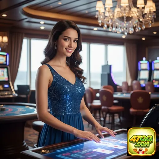 Jogadora feliz interagindo com o aplicativo 47qq em cassino.