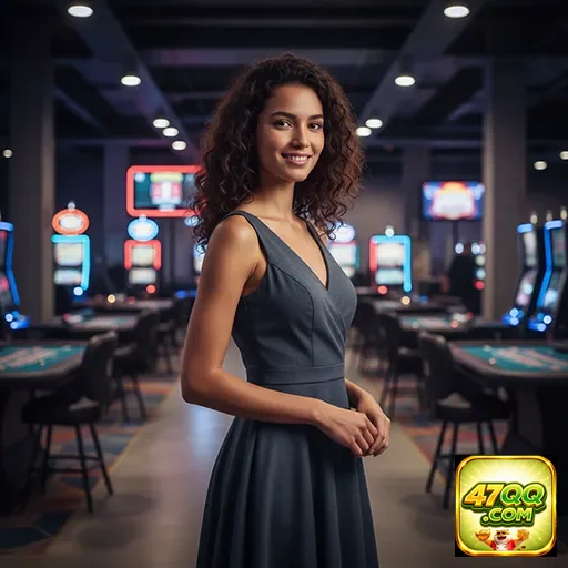 Jogadora sorridente em cassino com slots no 47qq.