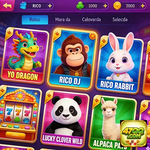 Slots coloridos da 47qq com personagens e temas variados.