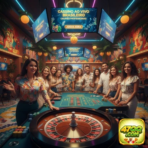 Jogadores interagem em um cassino ao vivo no 47qq, com crupiês.