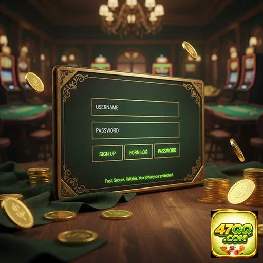 Tela de login da 47qq com fichas de cassino ao redor.
