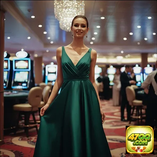 Jogadora elegante no cassino 47qq, destacando slot games.