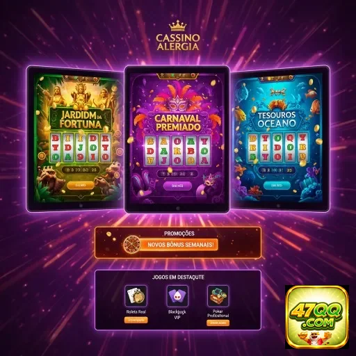 Três slots populares no 47qq: Jardins da Fortuna, Carnaval Premiado e Tesouros do Oceano.