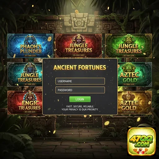 Tela de login com slots VIP no 47qq mostrando jogos exclusivos.