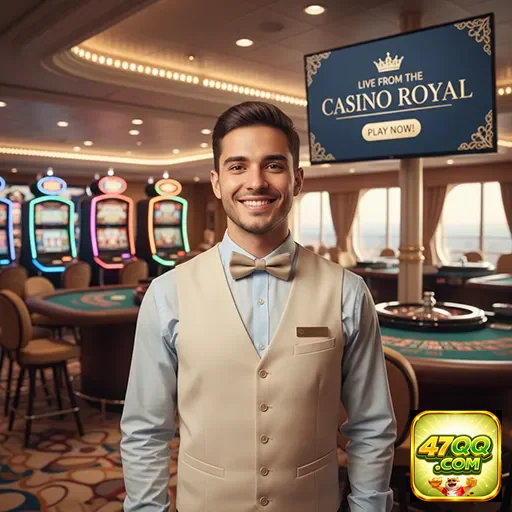 Funcionário do Casino Royal com mesas de aposta e slots da 47qq.
