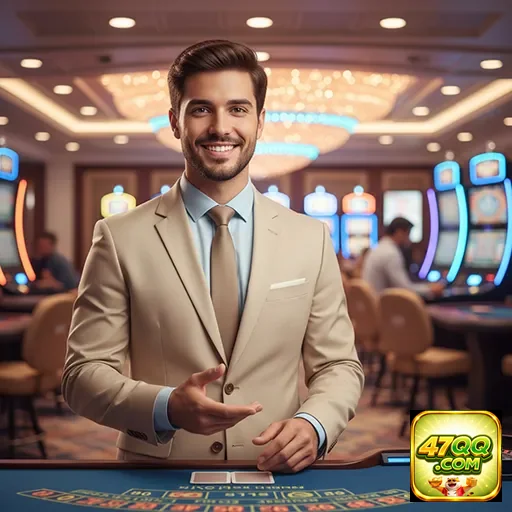 Jogador em cassino do 47qq com máquinas de slot ao fundo.
