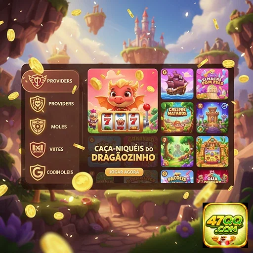 Interface do 47qq com caça-níqueis VIP e moedas ao fundo.