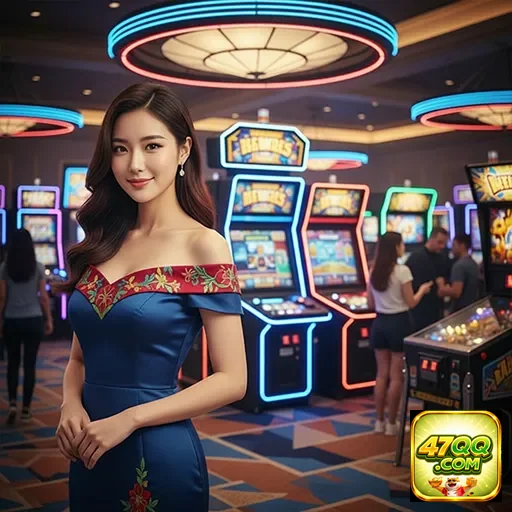 Jogadora em frente a slots VIP no 47qq, destacando opções.