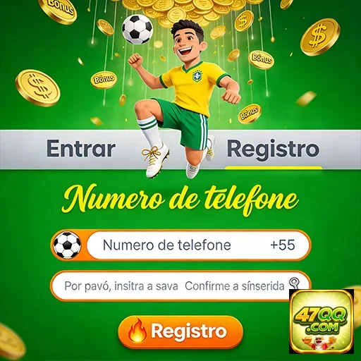 Jogador celebrando na 47qq com opções de registro e bônus.