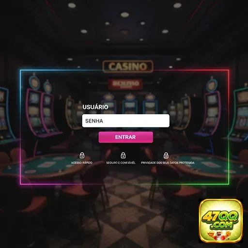Tela de login do 47qq com ambiente de cassino ao fundo.