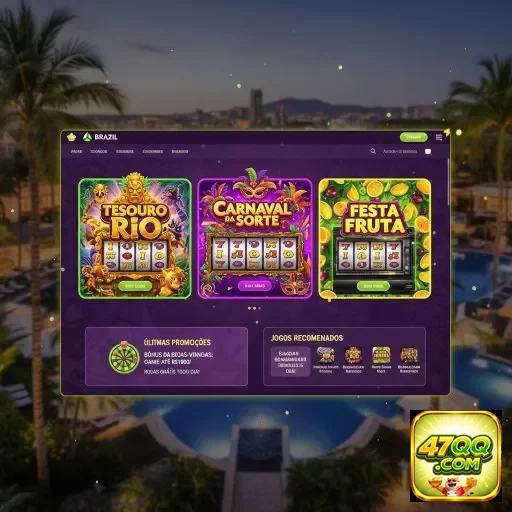 Tela de slots do site 47qq com 'Tesouro do Rio' em destaque.
