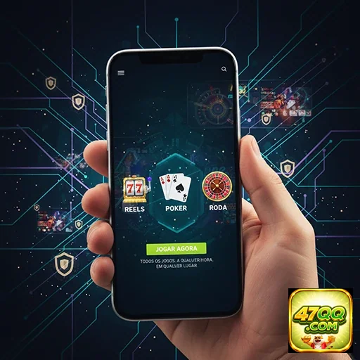 Celular exibindo jogos de slots e poker no 47qq.