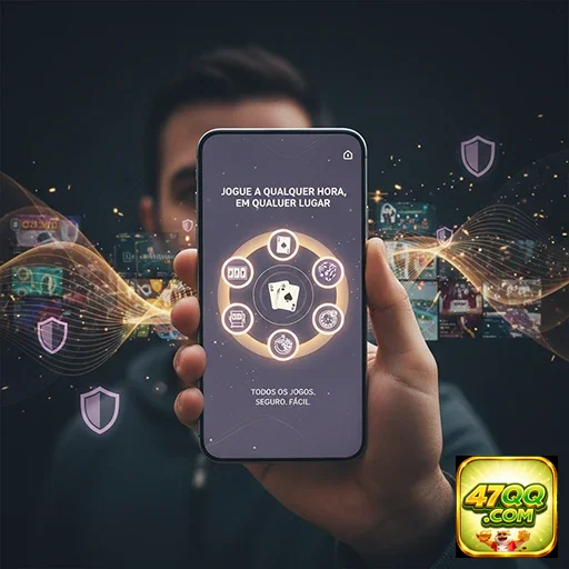 Usuário acessando o site 47qq em um celular, segurança em foco.